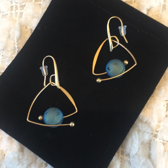 NWB Unique Gold and Blue Druzy Nugget Earrings - Picture 4 of 12